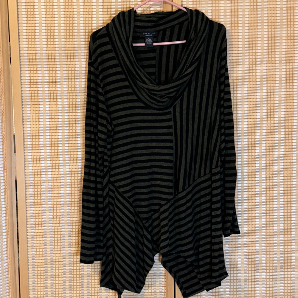 Grace The Perfect Fit Olive Black Striped Cowl Neck Asymmetric Tunic Top XL